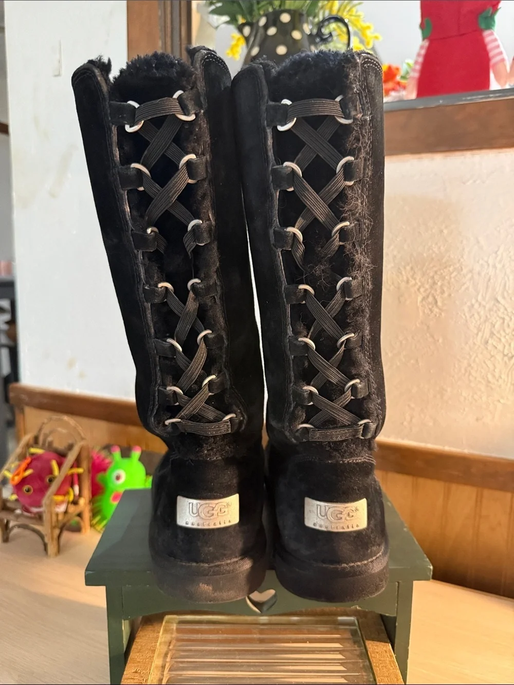 UGG Australia Roseberry Black Suede Lace Back Tall Winter Boots with Fuzzy Trim